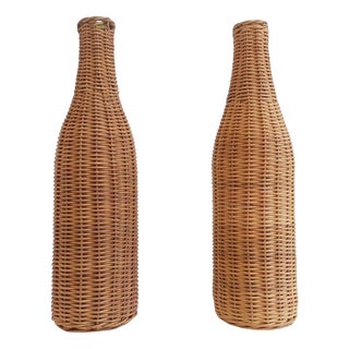Rustic French Wicker Covering Glass Bottles, Set of 2 For Sale
