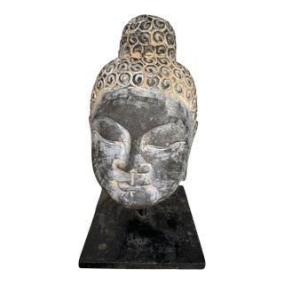 Vintage Asian Modern Carved Rock Buddha Head Sculpture on Industrial Iron Stand For Sale