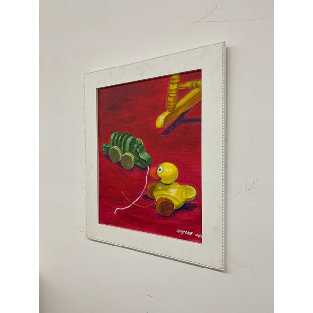 Mid-Century Modern Vintage Painting of Pull Toys by Amy Lee, 2006 - Original on Canvas, Framed For Sale - Image 3 of 10