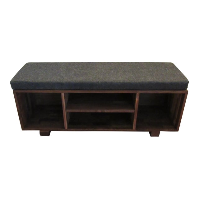 Modern Solid Walnut Storage Entryway Bench With Grey Cushion For Sale