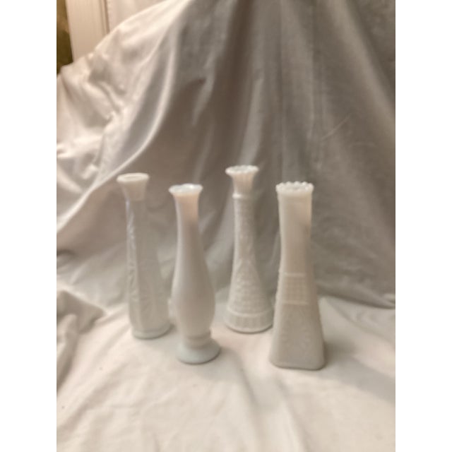 Fenton Art Glass Company Set a Four Vintage Milk Glass Bud Vases Dash Assorted Patterns Mid-Century Collection For Sale - Image 4 of 7