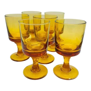 Vintage Anchor Hocking Amber Stemmed Wine Glasses, Set of Six