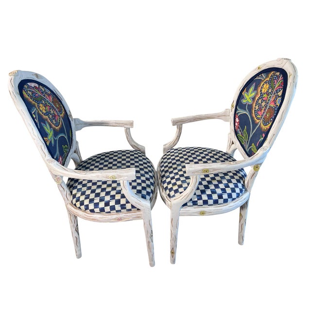 2010s Pair of Faux Bois Louis XVI Style Oval Back Armchairs in Whitewashed Finish For Sale - Image 5 of 8