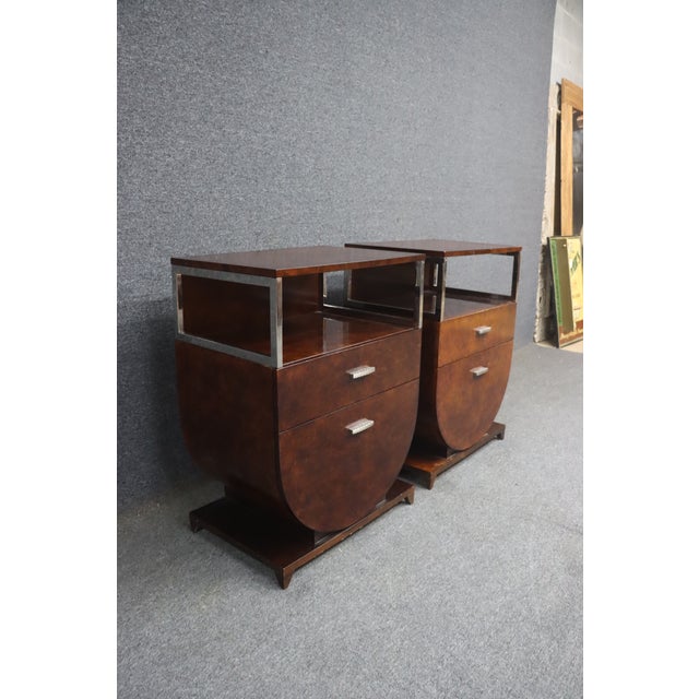 Art Deco style nightstands with burl wood design, and dovetailed construction.
