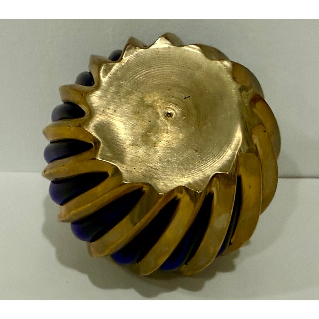 Brutalist Brass Caged Cobalt Glass Twisted Swirl Tea Light Holder MCM Vintage For Sale In Los Angeles - Image 6 of 6