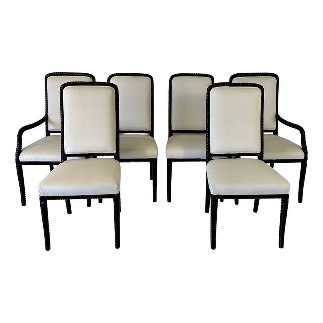 Cream Velvet and Black Lacquered Chairs, Set of 6 For Sale