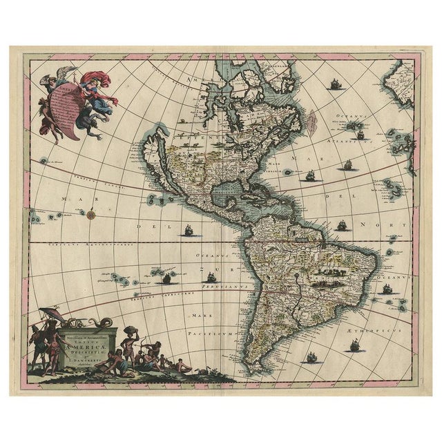Rare Antique Map of the Americas with Island California by Justus Danckerts, ca. 1696 This exceptional antique map titled...