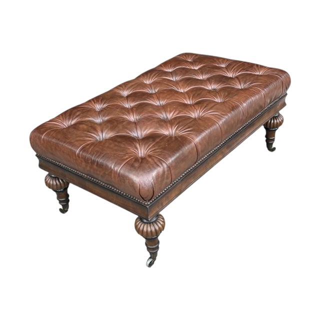 Vintage Tufted Brown Leather Ottoman Bench With Nailhead Trim & Carved Wood Legs on Casters For Sale - Image 12 of 15