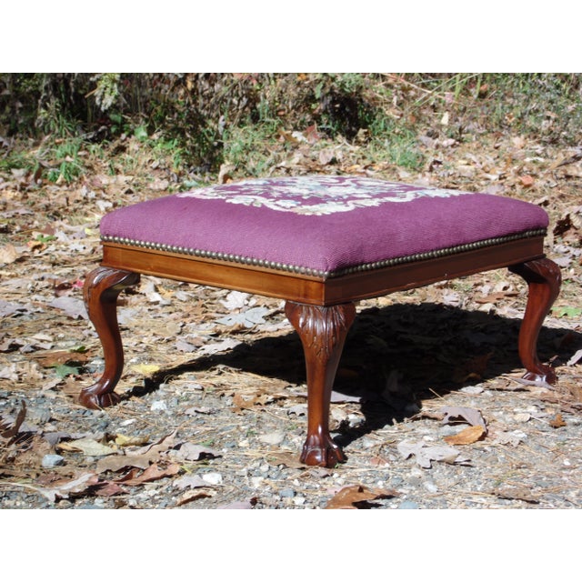 Wood Vintage Solid Mahogany Floral Burgundy Needlepoint Footstool Queen Anne Ottoman For Sale - Image 7 of 10