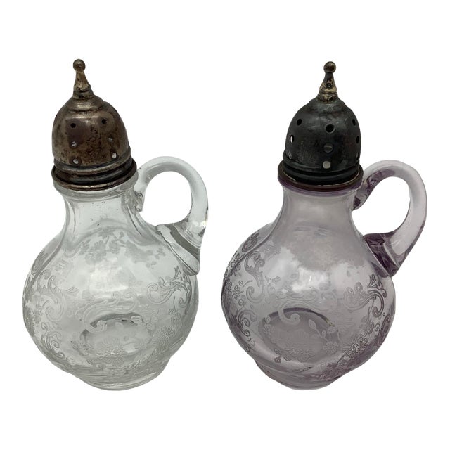 Antique Sterling Silver With Light Purple and Clear Salt and Pepper Shakers Set of 2. For Sale