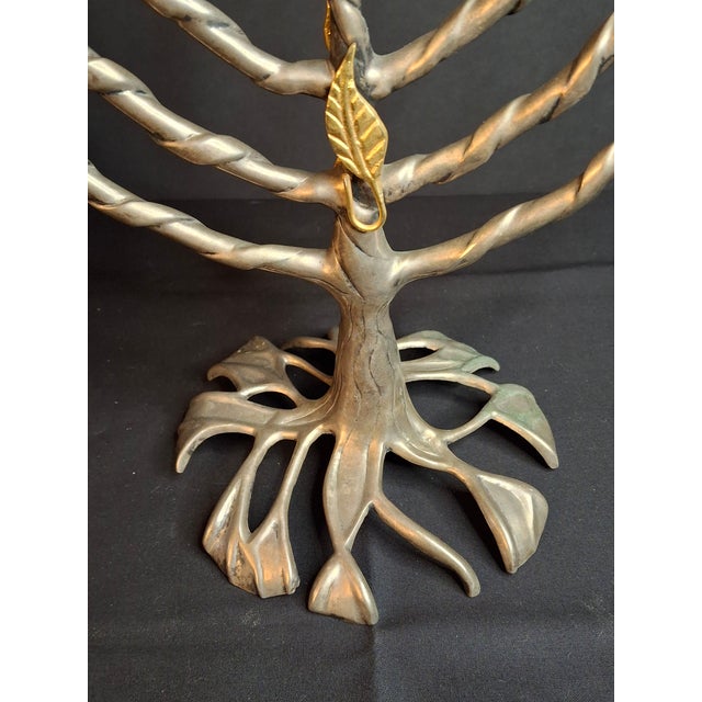 VTG Fred Spinowitz Tree of Life Menorah Signed Judaica Silver Tone Brass Leaves For Sale - Image 10 of 18