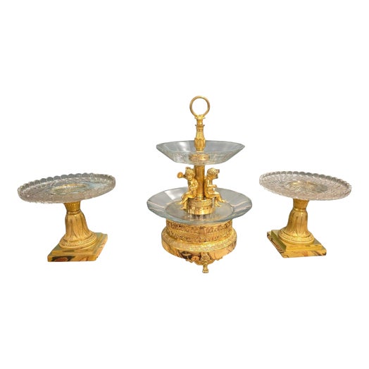 French Empire Gilt Bronze and Cut Glass Centrepiece Set, 1810, Set of 3 For Sale