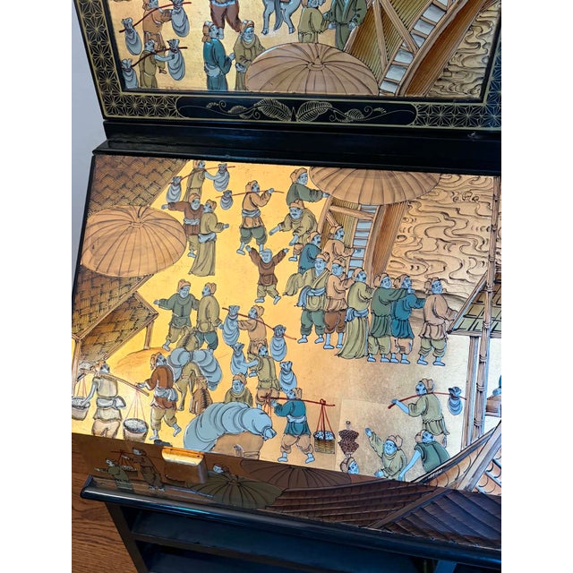Hand-Painted Vintage Chinoiserie Village Scene Secretary Desk & Bookcase For Sale - Image 15 of 17