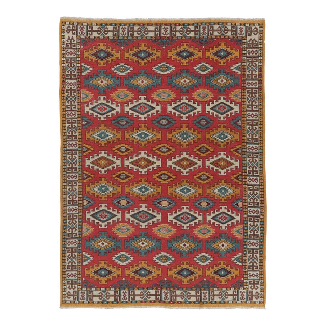 Vintage Oushak Rug in Red With Bold, Colorful Geometric Patterns - Rug & Kilim For Sale