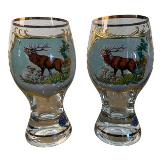 Crystal Hand Painted Elk Glasses 2 Glass Sets 1990's For Sale