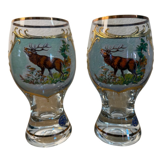 Crystal Hand Painted Elk Glasses 2 Glass Sets 1990's For Sale
