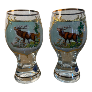 Crystal Hand Painted Elk Glasses 2 Glass Sets 1990's
