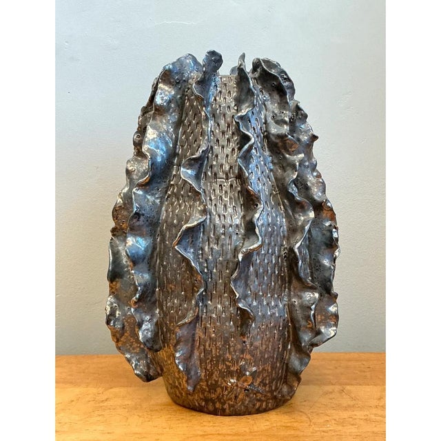 Metal Vintage Silver Ruffle Studio Pottery Vase For Sale - Image 7 of 13
