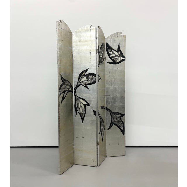 Wood Vintage Midcentury Silver Leaf Botanical Folding Screen With Mirrored Inlays For Sale - Image 7 of 7