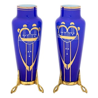 Austrian Secessionist Cobalt Blue Glass Vases, Pair For Sale