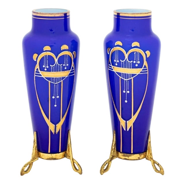 Austrian Secessionist Cobalt Blue Glass Vases, Pair For Sale