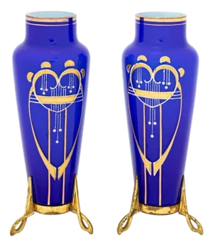 Austrian Secessionist Cobalt Blue Glass Vases, Pair