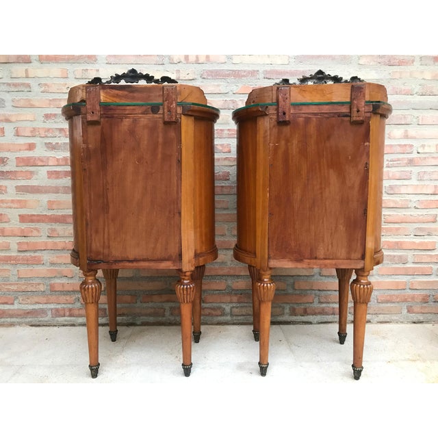 20th Louis XVI Style Marquetry Nightstands with Metal and Mirror Crest, a Pair For Sale - Image 17 of 18