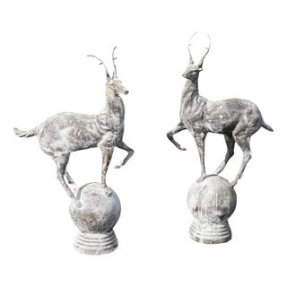 Cast Iron Stag Deer on Ball Garden Finial Sculptures, Set of 2 For Sale