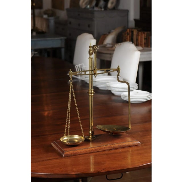 Mid 19th Century French 19th Century Freestanding Brass Tea Scale Mounted on Wooden Base For Sale - Image 5 of 12