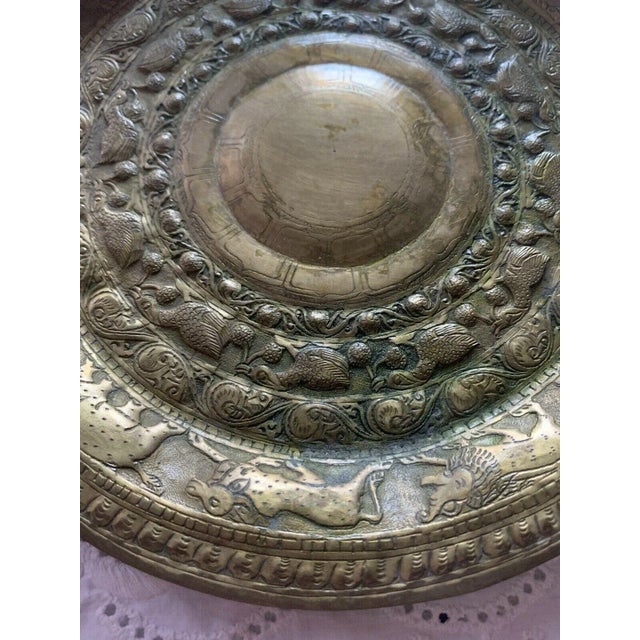 Vintage Beautiful Asian Hammered Brass Decorative Plate Animal Motif Bird Horse. In used condition. There is some...