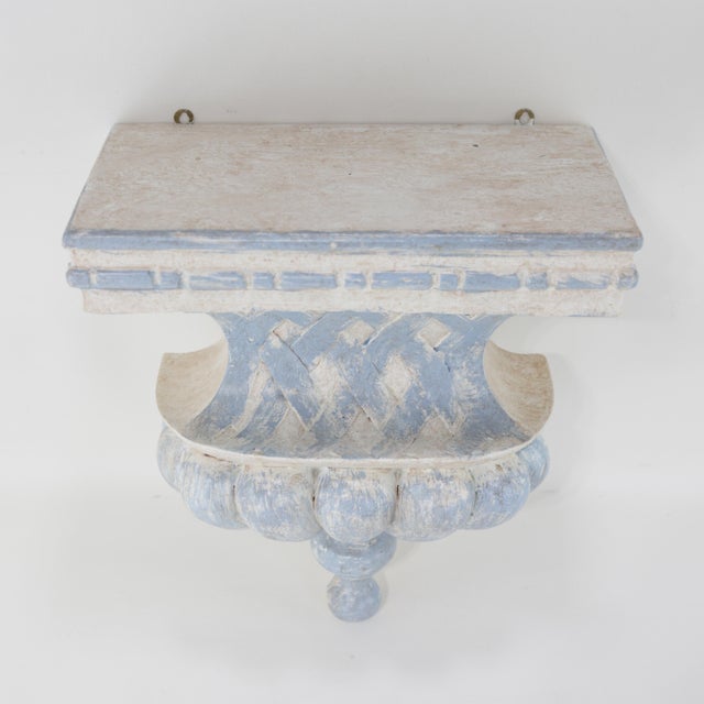 Pair of French Provincial Style Carved Wall Brackets – Aged Blue & White Finish For Sale - Image 4 of 11