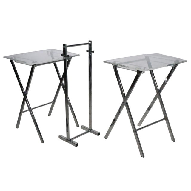 Chrome Post Modern Hollywood Regency Lucite Chrome Folding Table Set C 1970's For Sale - Image 8 of 12