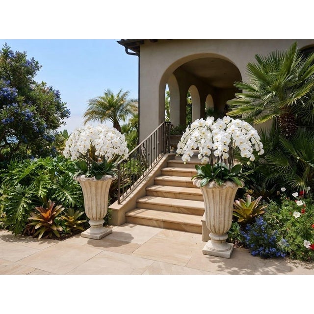Beige Pair of Neoclassical Fluted Cast Stone Garden Urns For Sale - Image 8 of 12