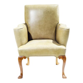 Vintage English Scroll Arm Leather Chair For Sale