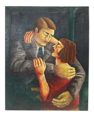 Vintage Art Deco Embraced Couple Oil Painting