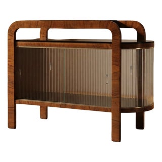 Vintage Art Deco Display Cabinet with Curved Wooden Frame and Glass Doors, 1950s For Sale