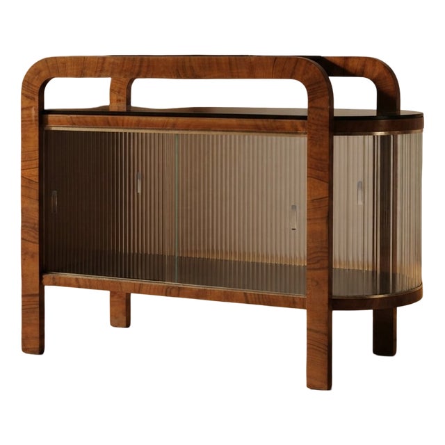 Vintage Art Deco Display Cabinet with Curved Wooden Frame and Glass Doors, 1950s For Sale
