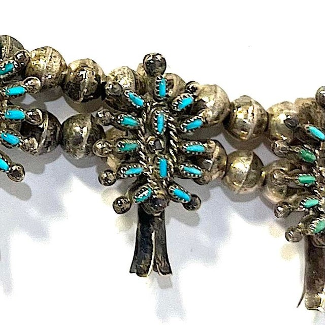 Rustic Vintage Zuni Squash Blossom Sterling Silver Turquoise Necklace With Earrings Set For Sale - Image 3 of 12