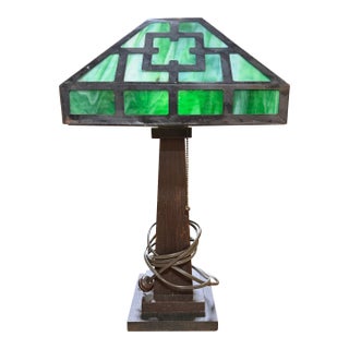 Arts & Crafts Green Slag Glass Table or Desk Lamp For Sale