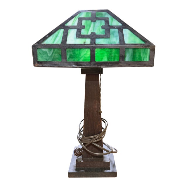 Arts & Crafts Green Slag Glass Table or Desk Lamp For Sale
