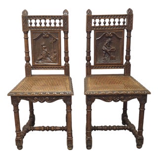 Mid 20th Century Pair Jacobean Style Carved Oak and Caned Seat Side Chairs For Sale
