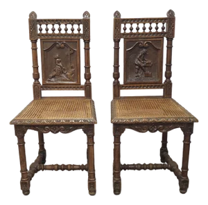 Mid 20th Century Pair Jacobean Style Carved Oak and Caned Seat Side Chairs
