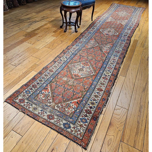 Antique Persian Malayer Runner Rug, Hand-Knotted Wool, Geometric Pattern, 3x16, Terracotta & Ivory For Sale - Image 12 of 18