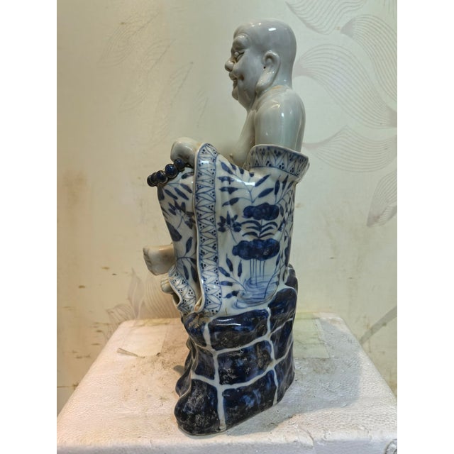 Chinese Vintage Ceramic Buddhist Sculpture,Hand Carved Blue and White Porcelain the Eighteen Arhats Statue For Sale - Image 9 of 9