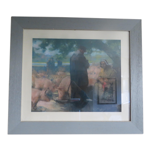 Early 20th Century Brittany, Pig Fair Pastel Figurative Drawing by Louis Fortuney