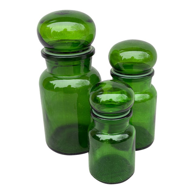 Vintage Apothecary Jar Set Green Glass Belgium For Sale