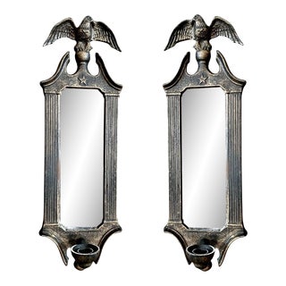 Vintage Mid Century Federal Style Bronzed Eagle Mirrored Candle Sconces- a Pair For Sale