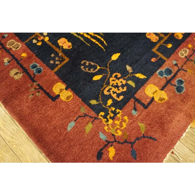 Navy Blue 1920s Blue Navy Minimalist Bird Antique Chinese Art Deco Carpet 6' X 8'9" Knotted Wool Rug For Sale - Image 8 of 12