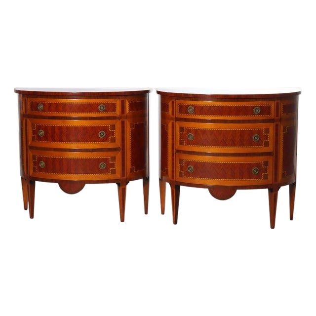 Early 20th Century Pair Italian Hepplewhite Style Satinwood & Rosewood Inlaid Demilune Consoles For Sale