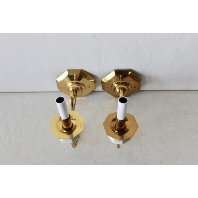 Brass Wall Sconces Genuine White Porcelain 24k Gold Trim Detail Vintage Mid Century-A Pair For Sale - Image 10 of 10